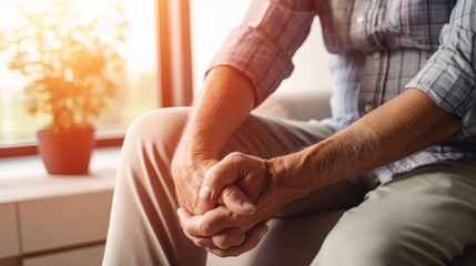 Aufkleber - A man sitting on a window sill, holding his hands. Can be used to depict contemplation, solitude, or relaxation