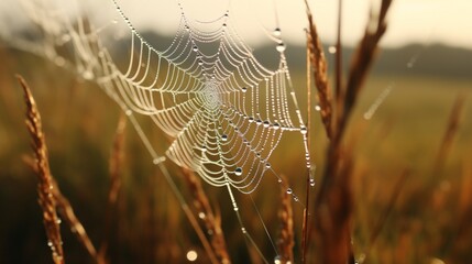 A close-up of dew-kissed spiderwebs in a dewy morning meadow, capturing the intricate artistry of nature's jewelry