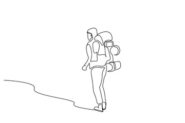 Wall Mural - woman person backpack coat season nature hiking trekking activity one line art design