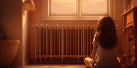 Poster - A girl sitting on the floor in front of a radiator. Suitable for home heating or interior design concepts