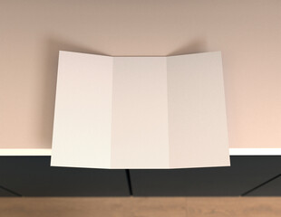 Poster - Showcase your content with this 3D illustration of a blank brochure mock-up, featuring a simple and harmonious background. Roll-Fold 297mm 210mm size brochure.
