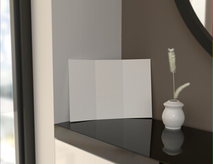 Poster - Showcase your content with this 3D illustration of a blank brochure mock-up, featuring a simple and harmonious background. Roll-Fold 297mm 210mm size brochure.
