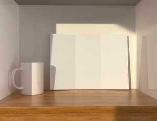 Poster - Showcase your content with this 3D illustration of a blank brochure mock-up, featuring a simple and harmonious background. Roll-Fold 297mm 210mm size brochure.
