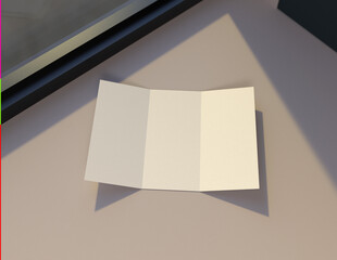 Poster - Showcase your content with this 3D illustration of a blank brochure mock-up, featuring a simple and harmonious background. Roll-Fold 297mm 210mm size brochure.
