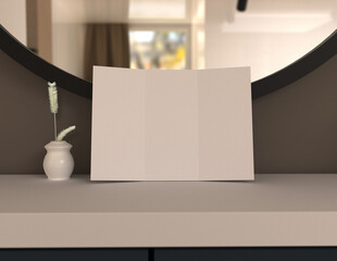 Poster - Showcase your content with this 3D illustration of a blank brochure mock-up, featuring a simple and harmonious background. Roll-Fold 297mm 210mm size brochure.
