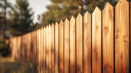 Poster - A detailed view of a wooden fence with a backdrop of trees. Perfect for adding a rustic touch to any project or design