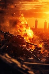 Aufkleber - A tank is engulfed in flames in the heart of a bustling city. Ideal for depicting chaos and destruction.