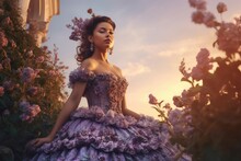 Beautiful Young Rococo Lady In Floral Majestic Purple Dress. Gorgeous Duchess Wearing Luxury Regal Garment. Generate Ai
