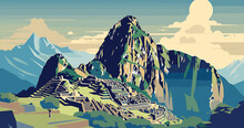 Vector Poster Showcasing The Awe Inspiring Machu Picchu In Peru, Featuring The Ancient Ruins, Lush Landscapes, And Elements Of Incan Culture