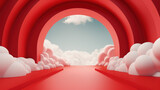 Fototapeta Przestrzenne - 3d render, abstract minimal red background with white clouds flying out the tunnel