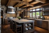 Fototapeta  - Spacious rustic kitchen with stone walls and high vaulted ceiling made from reclaimed wood