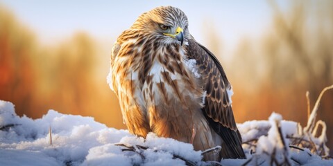 Aufkleber - A bird perched on top of a pile of snow. This image can be used to represent winter, wildlife, or the beauty of nature