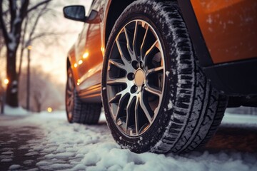 Aufkleber - A detailed view of a car tire covered in snow. Perfect for winter-themed projects or showcasing the effects of snowy weather on vehicles