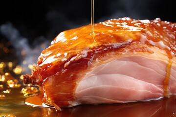 Poster - A piece of ham being drizzled with syrup. Perfect for food enthusiasts and recipe blogs