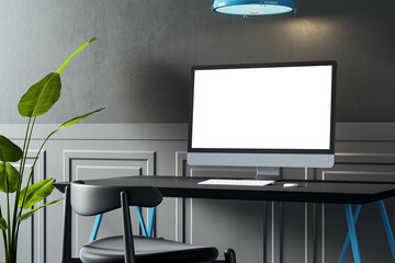 Poster - Stylish hipster loft designer workplace with mock up place on white laptop screen chair, decorative plant and other items. 3D Rendering.