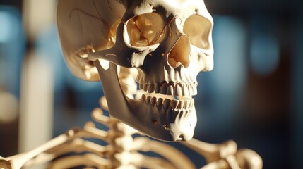 Aufkleber - A close-up view of a skeleton with a human skull in the background. This image can be used for educational purposes or in Halloween-themed designs