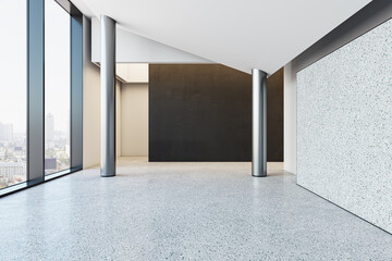 Poster - Contemporary hallway interior with window and city view, columns, blank mock up place and daylight. 3D Rendering.