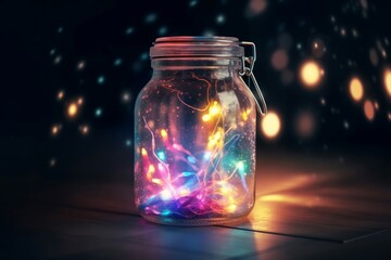 Colorful lights jar. Transparent and glass cans with multicolored diodes. Generate AI