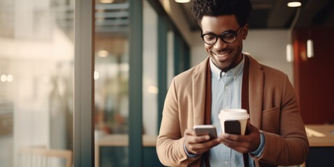 Poster - A man is holding a cup of coffee and looking at his phone. This image can be used to depict modern technology and connectivity in daily life