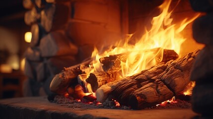 Poster - A close up view of a fire in a fireplace. This image can be used to create a cozy and warm atmosphere in various projects