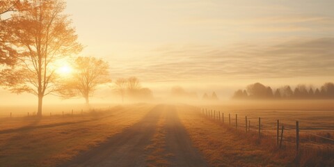 Poster - A misty field with tall trees and a winding dirt road. Perfect for nature and landscape themes