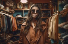 Elegant Girl With Sunglasses In Thrift Shop. Classy Lady Shopping In Vintage Second Hand Store. Generate Ai