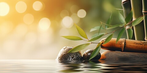Poster - A serene image featuring two rocks and a bamboo plant resting on the calm surface of a body of water. This picture can be used to create a peaceful and natural atmosphere in various design projects