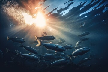Poster - A group of fish swimming under the sun. Ideal for aquatic-themed designs and nature illustrations