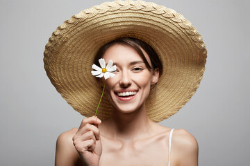 Wall Mural - Happy girl in hat with flower. beautiful smiling woman with chamomile