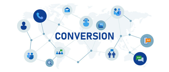 Aufkleber - conversion in marketing sales communication concept banner header connected icon set symbol illustra