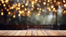 Empty Wooden Table With Outdoor Party Bokeh Background
