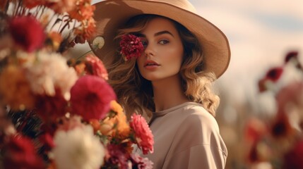 Poster - A woman wearing a hat and holding a bunch of flowers. Suitable for various occasions and themes