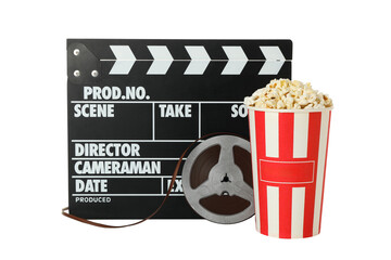 PNG, Clapperboard, reel and popcorn in paper cup, isolated on white background