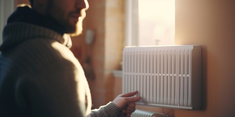 Poster - A man is adjusting the heater on a wall. This image can be used to illustrate home maintenance or temperature control concepts