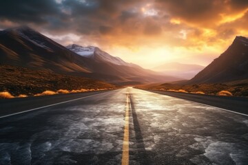 Poster - An empty road stretching into the distance, with majestic mountains in the background. Ideal for travel or adventure concepts