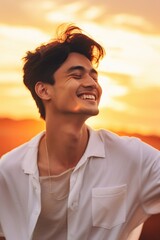 Poster - A young man with a smile on his face as the sun sets in the background. Ideal for portraying happiness and positivity. Suitable for various applications