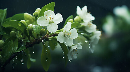 jasmine flowers on a branch during the rain