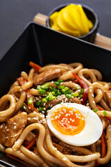 Sticker - Udon noodles with meat, egg, onion, carrot and chili pepper on a dark background.