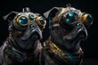 Futuristic pug dogs with progressive goggles. Surrealistic purebred canines pet with revolutionary accessories. Generate ai