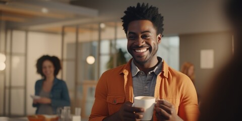 Poster - A man with a smile on his face holding a cup of coffee. Suitable for various uses