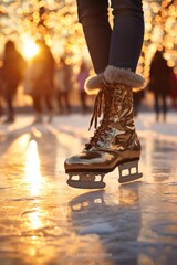 Canvas Print - A pair of gold ice skates on a shiny surface. Perfect for winter sports and holiday-themed designs