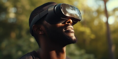Poster - A man is pictured wearing a virtual reality headset in a park. This image can be used to depict the use of technology in outdoor settings