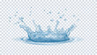 Water splashes in crown shape realistic vector illustration. Clear liquid splashing shape with falling drops 3d element on transparent background