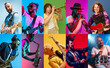 © master1305 - Collage made of different people playing various music instruments over multicolored background. Concept of human emotions, music, leisure, enjoyment and fun