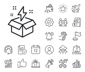 Poster - creativity sign. salaryman, gender equality and alert bell outline icons. out of the box line icon. 