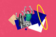 © deagreez - Creative drawing collage picture of funny friends man girl raise hands dancing arrow point freak bizarre unusual fantasy billboard comics