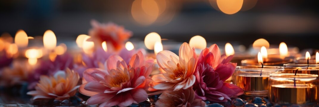 Glowing Candles Flowers Indian Holiday Diwali , Banner Image For Website, Background, Desktop Wallpaper