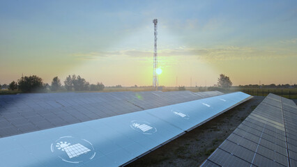 Wall Mural - Telecommunication surveillance tower 5G 6G network scans performance of solar system field, ecologically generated green energy