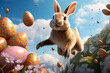 Happy Easter greeting banner or card with fun bunny, jumping up above pile of many colored Easter eggs. Beautiful clouds on background. Trendy conceptual Easter greeting card with warm wishes