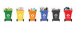 Sorting and recycling garbage by material with different types of colored waste bins with symbols for organic, paper, glass, plastic, metal, e-waste